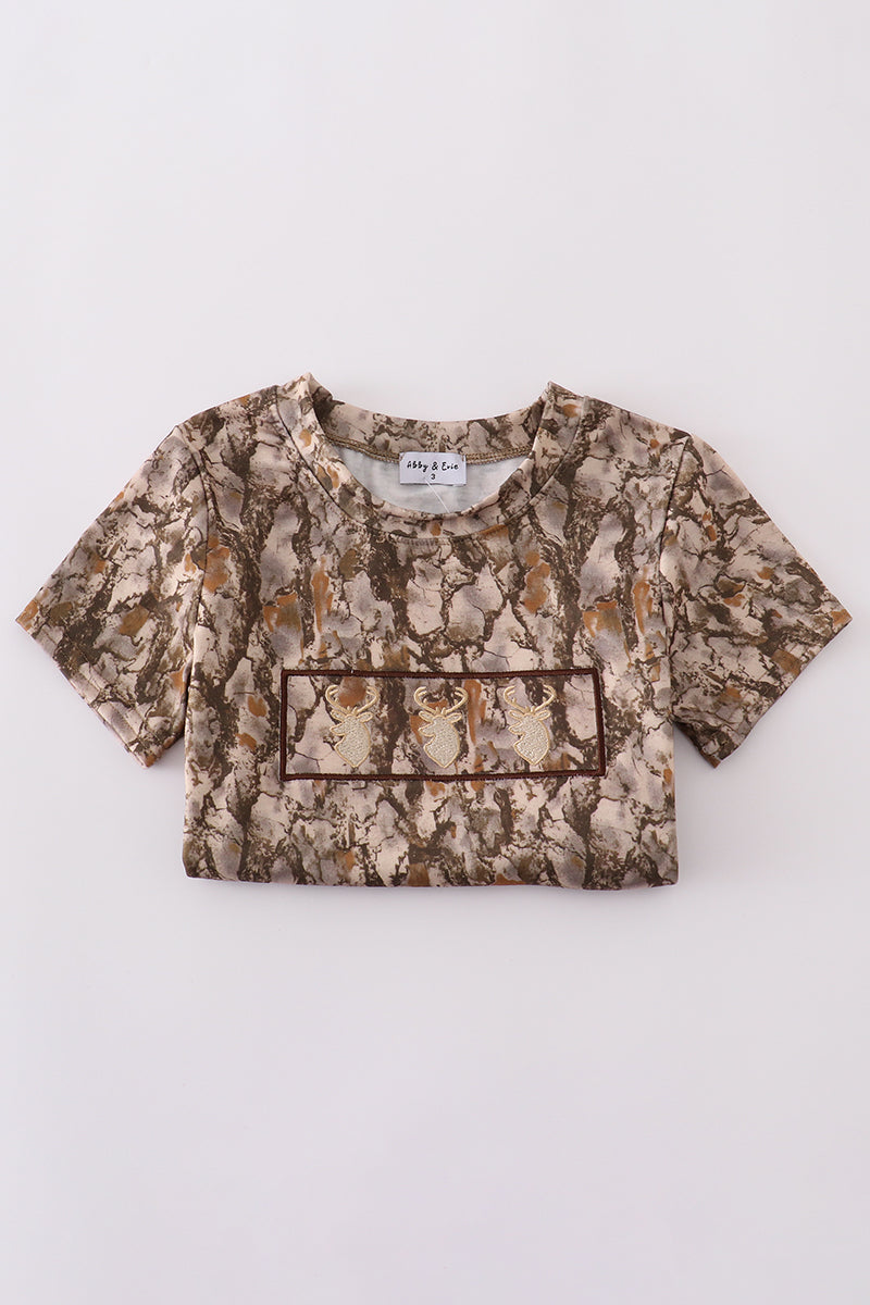 Brown three deers embroidery shorts set