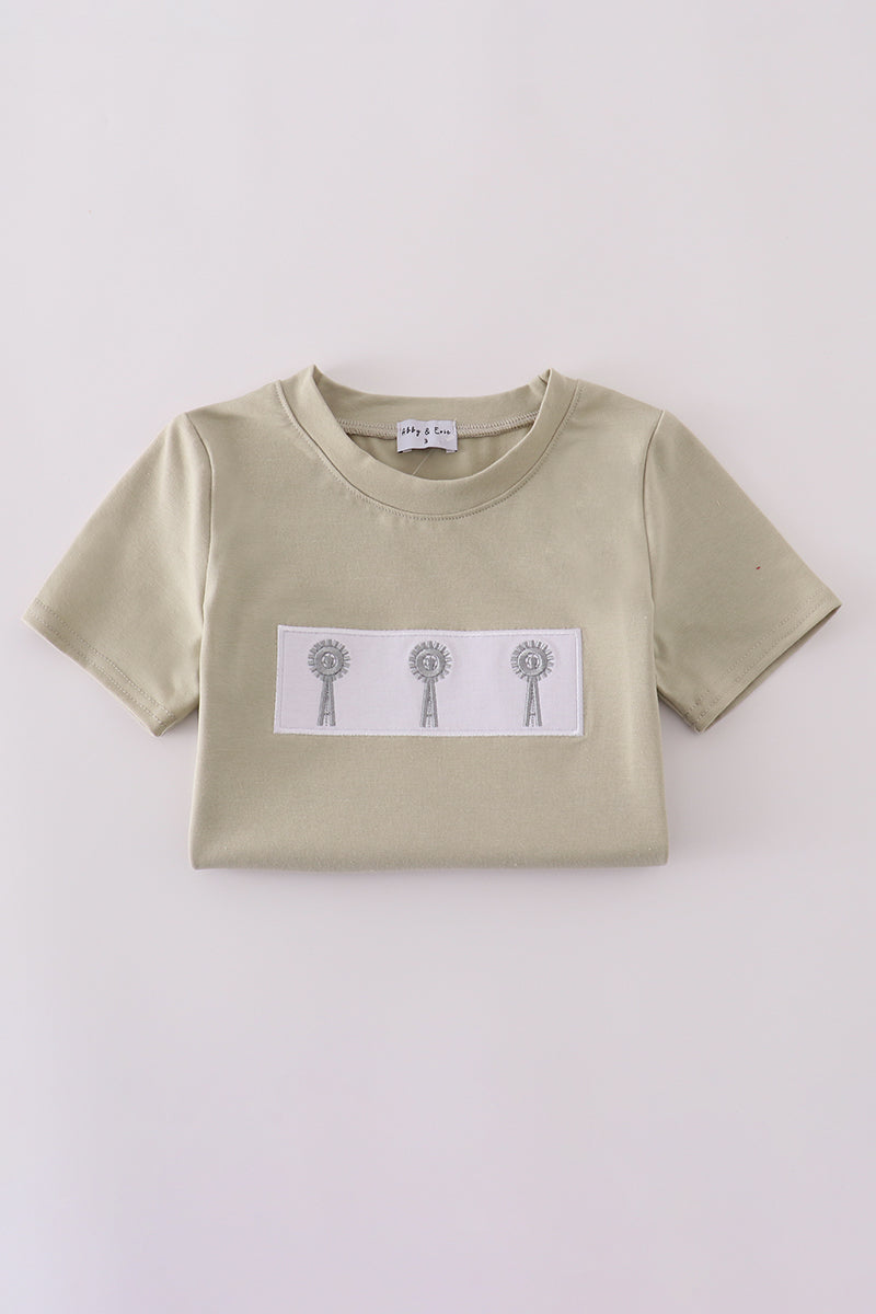 Green farm windmill embroidery shorts set