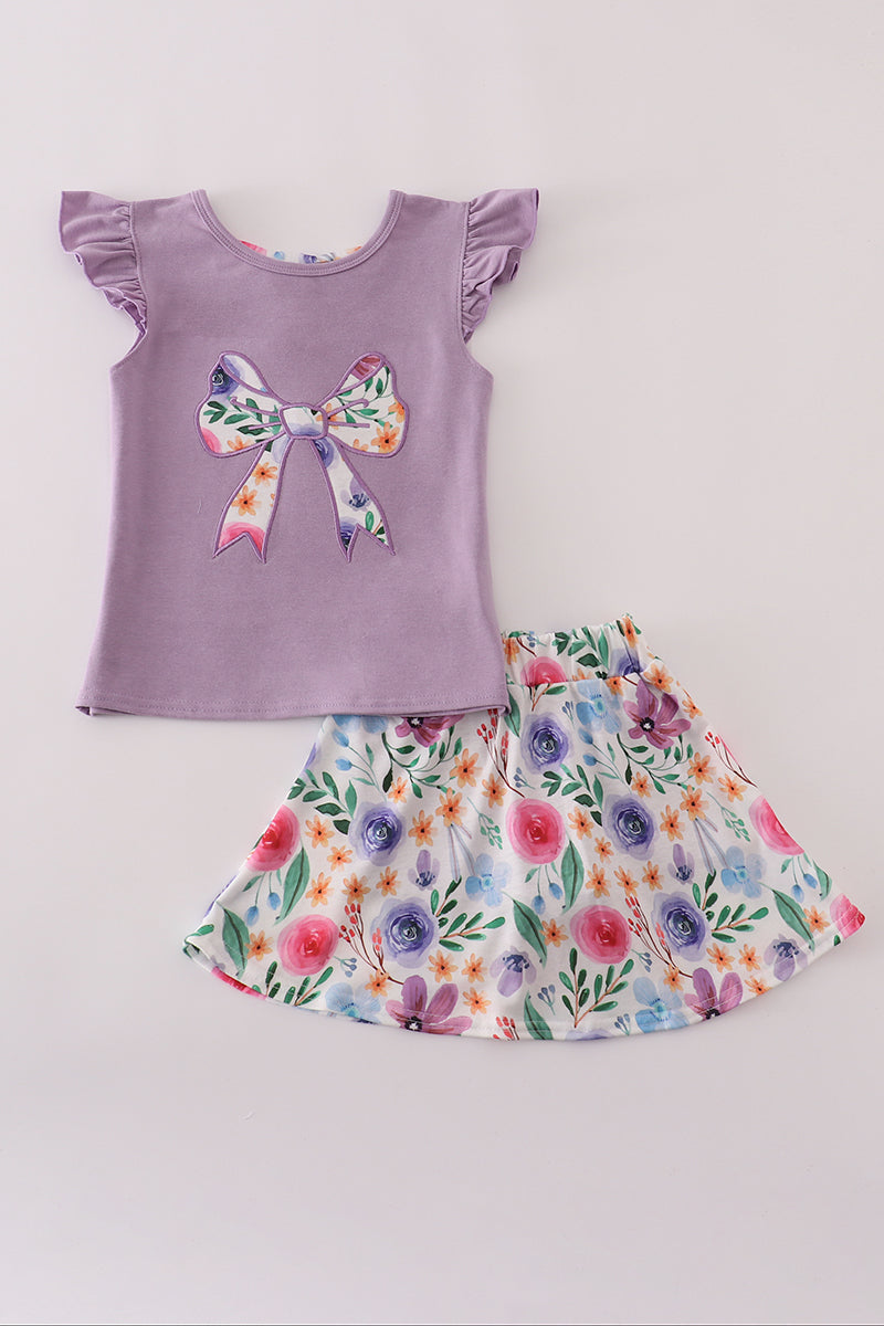 Purple floral bow applique active skorts set