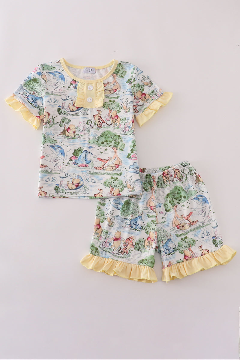 Yellow character print ruffle shorts set