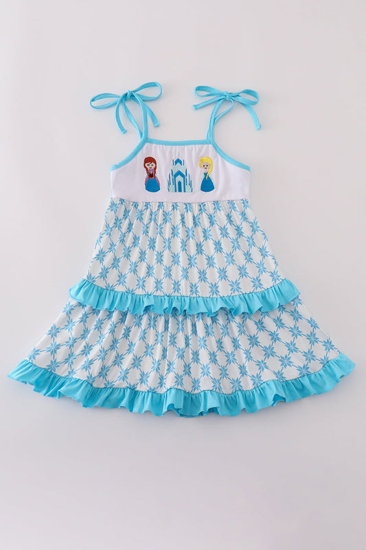 Blue character embroidery ruffle tiered dress