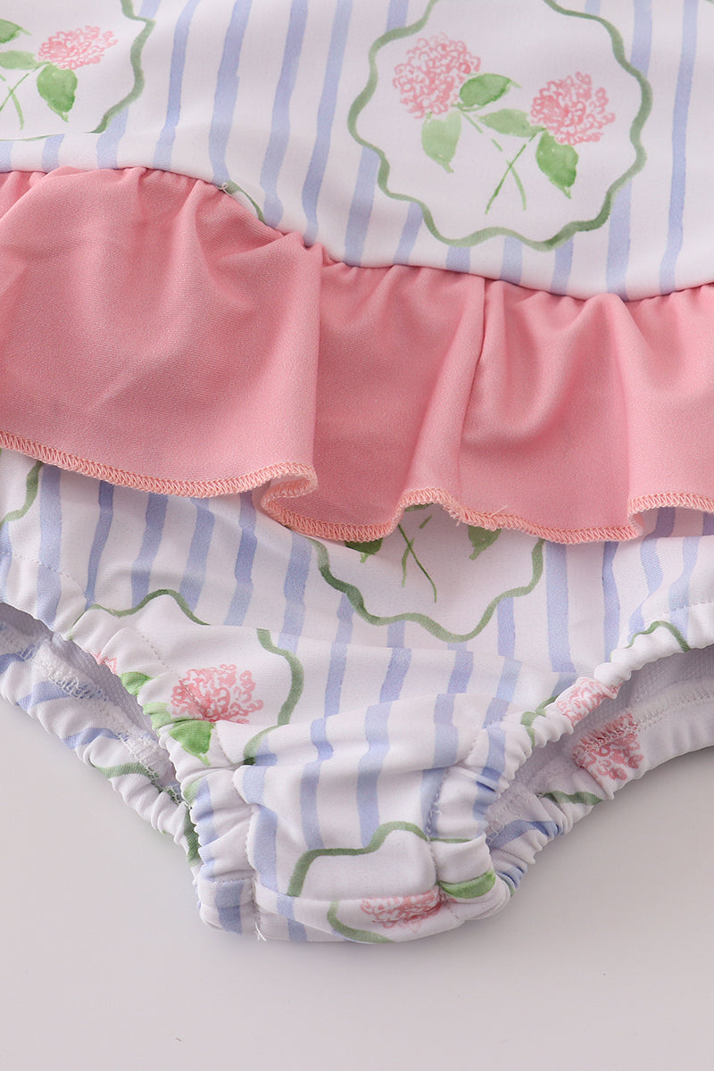 Floral stripe ruffle swimsuit UPF50+