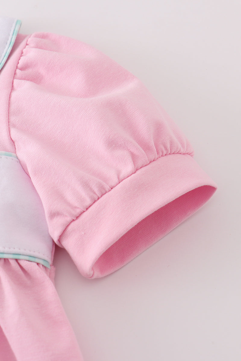 Pink teapot embroidery puff sleeve bloomer set