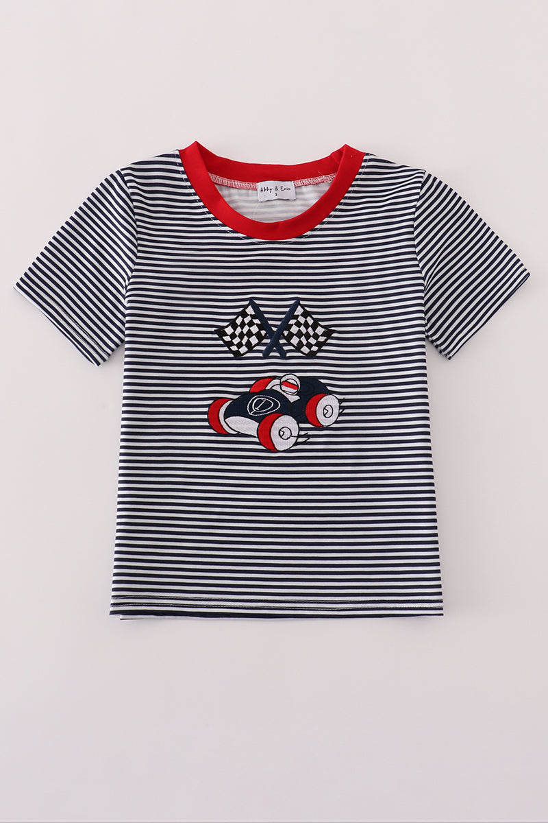 Navy stripe racing car embroidery top