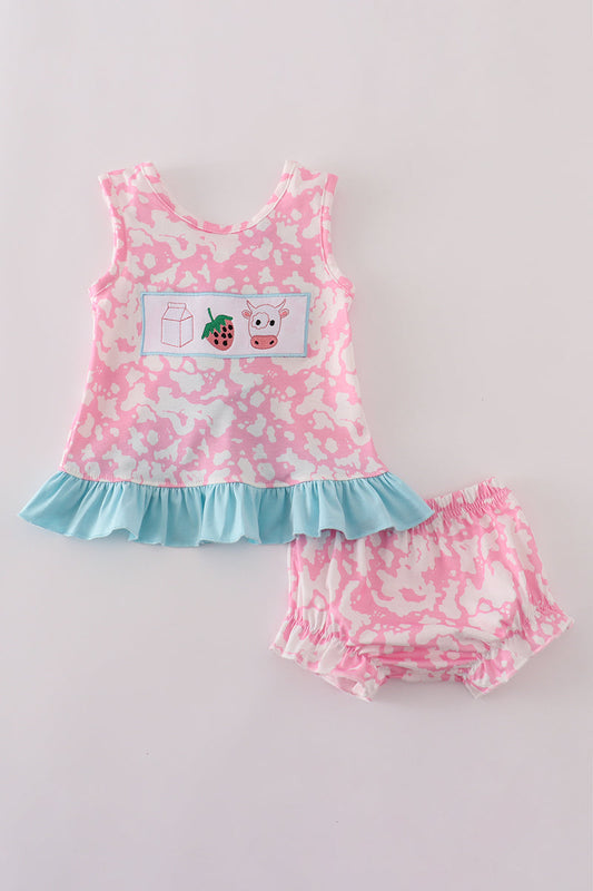 Pink strawberry milk cow embroidery bloomer set