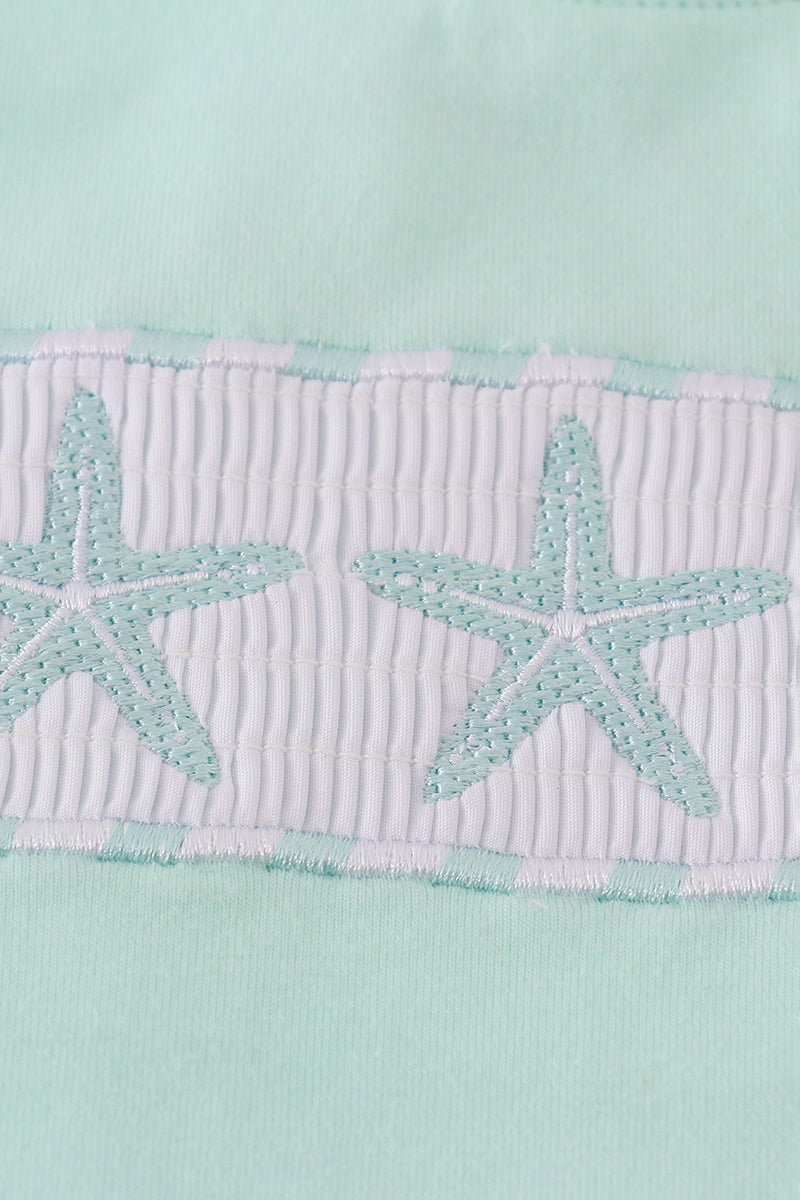 Green marine embroidery smocked shorts set