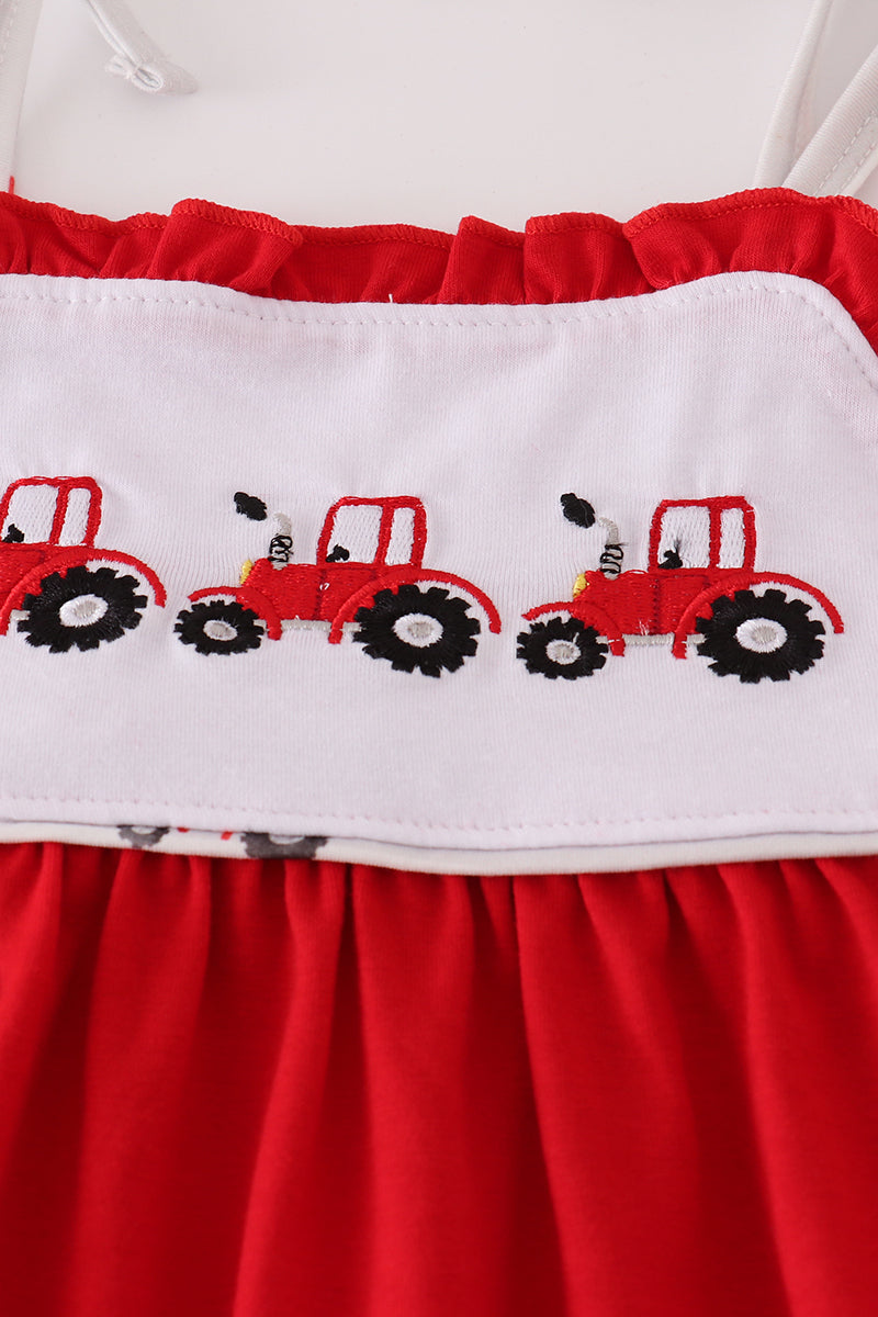 Red tractor embroidery ruffle shorts set