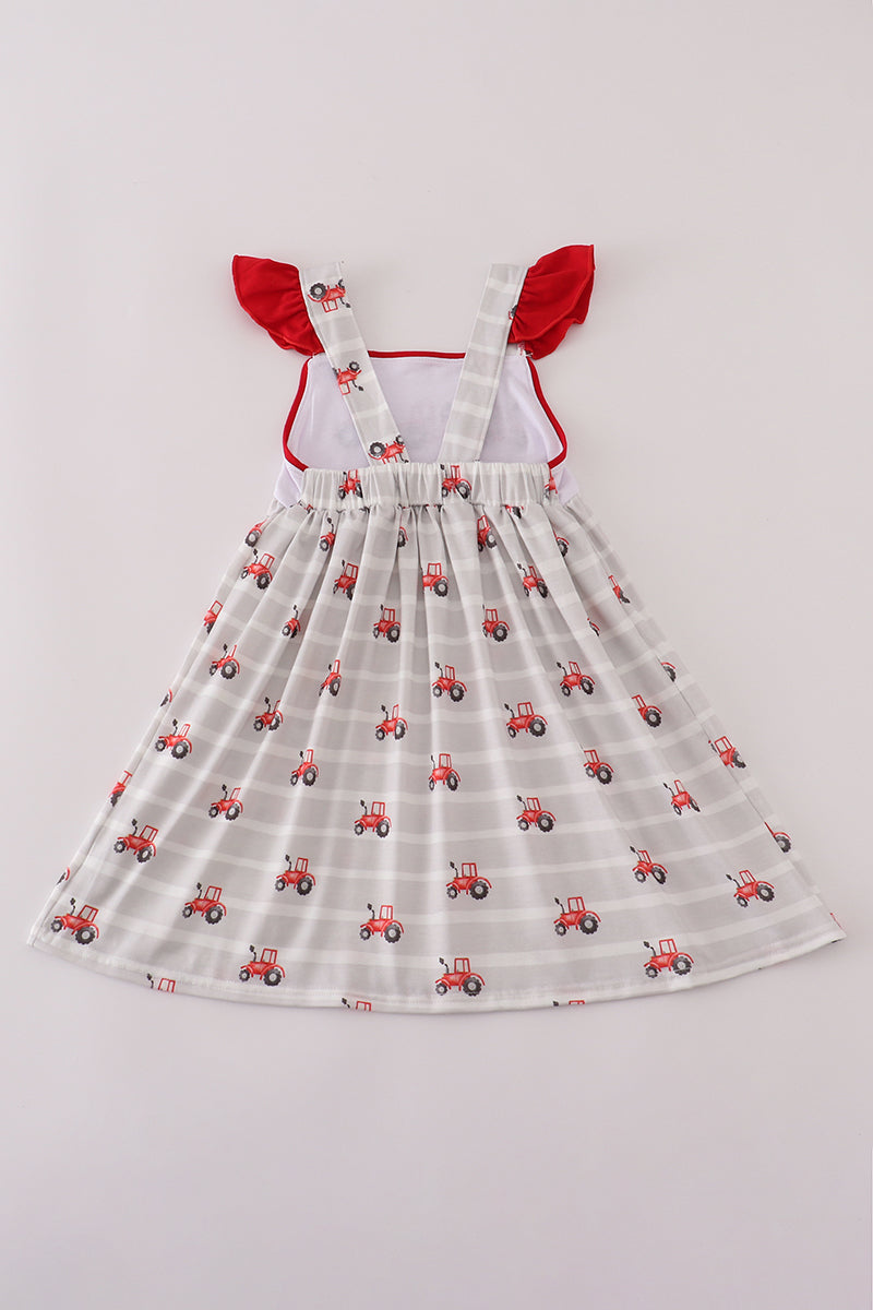 Red tractor embroidery ruffle dress