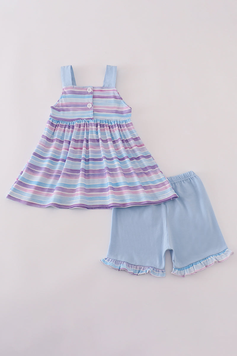 Purple stripe mermaid embroidery ruffle shorts set