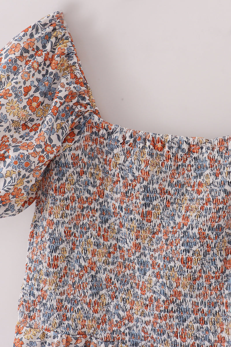 Fall floral print smocked mom dress