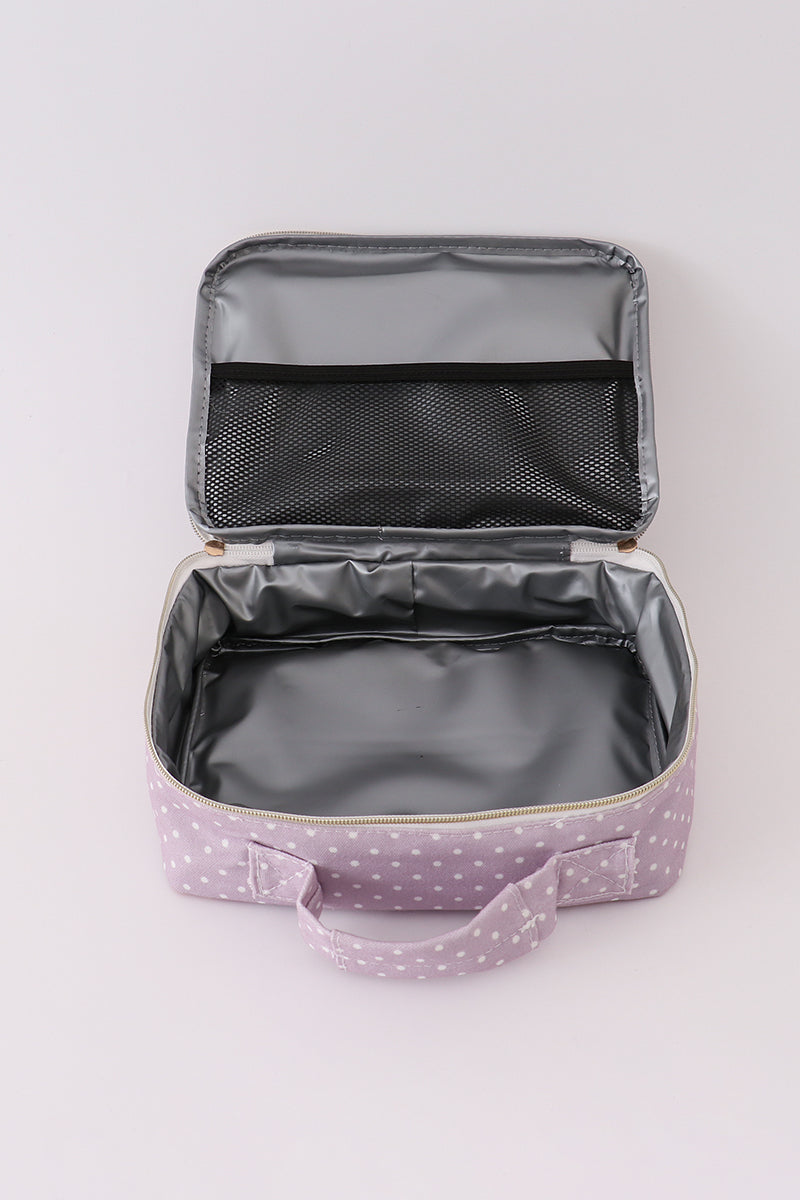 Purple floral print canvas bow lunch bag