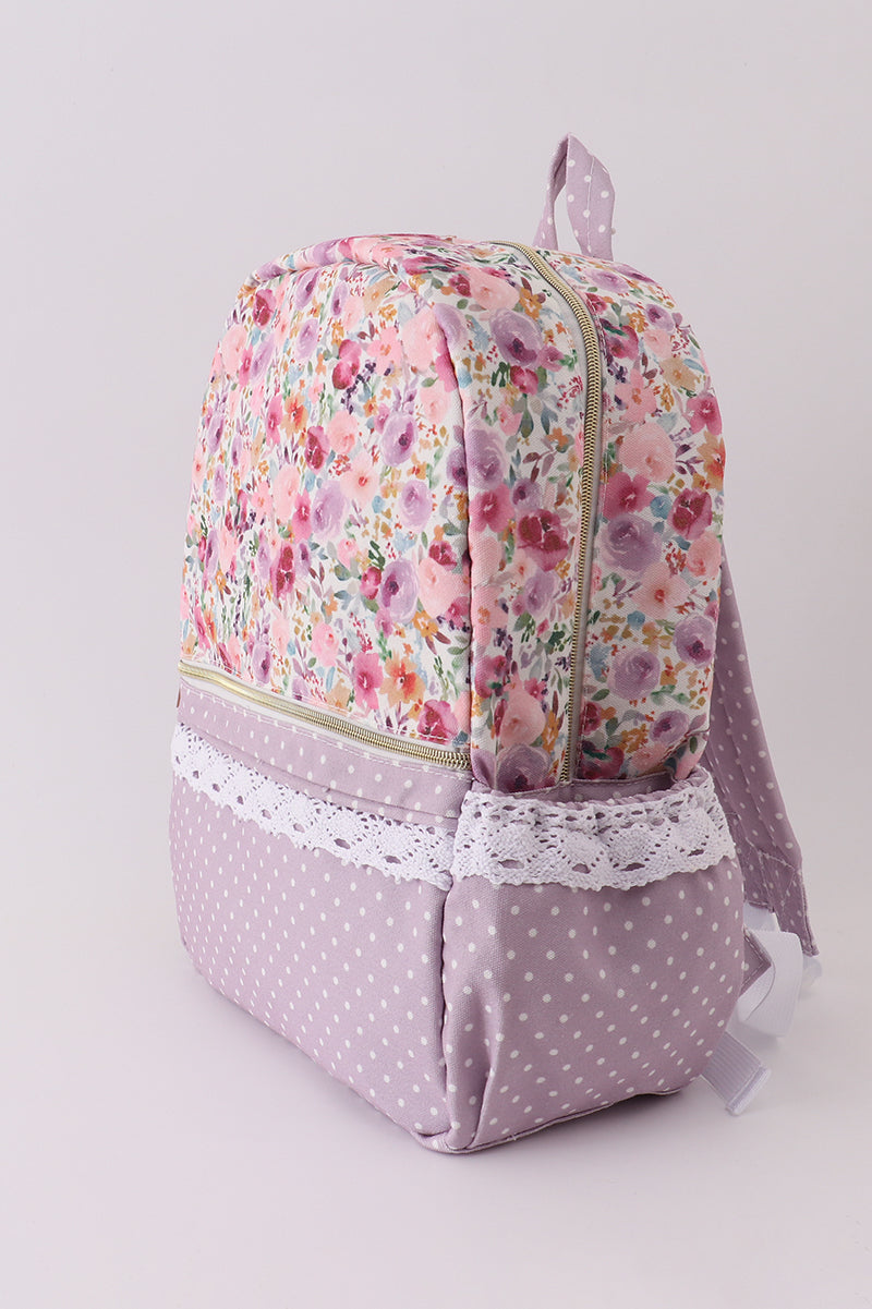 Purple floral print canvas ruffle backpack