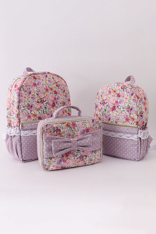 Purple floral print canvas ruffle backpack