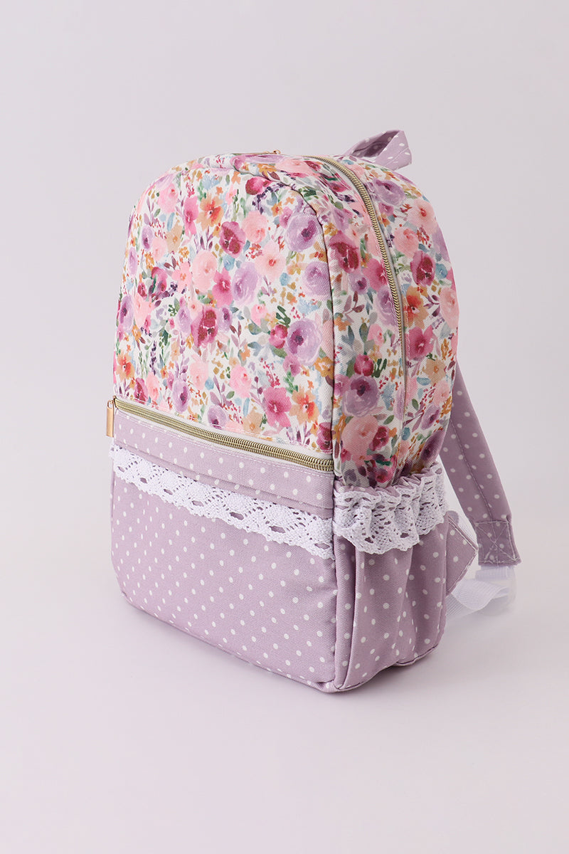 Purple floral print canvas ruffle backpack