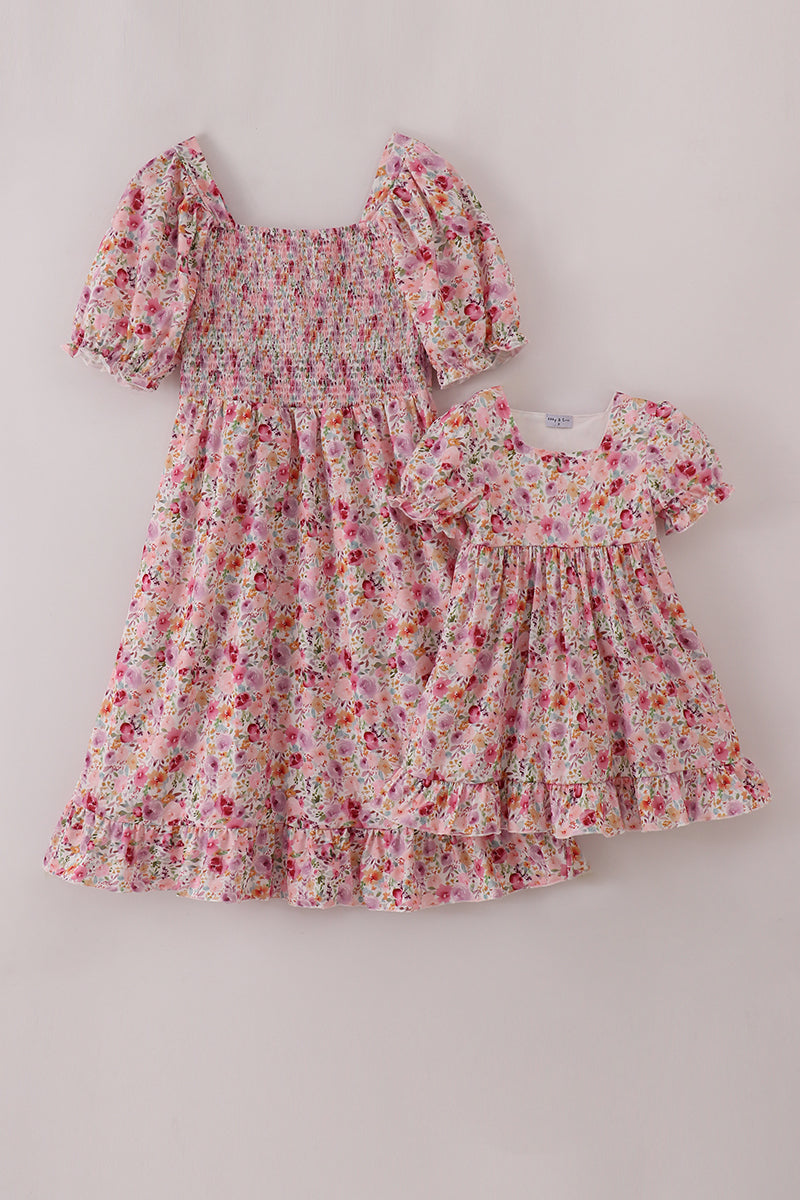 Purple floral print ruffle mom&me dress