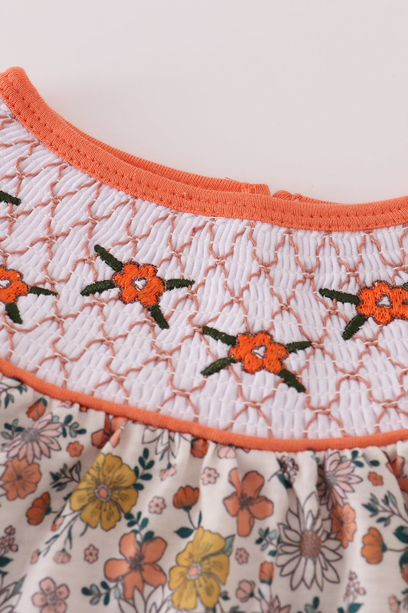 Floral embroidery smocked romper