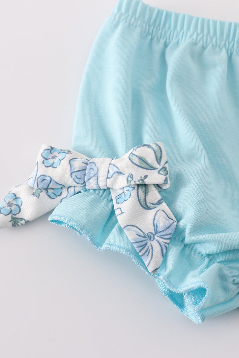 Blue bow & lace print ruffle bloomer set