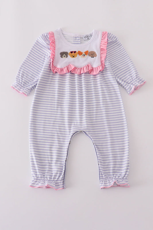 Purple puppy french knot stripe romper