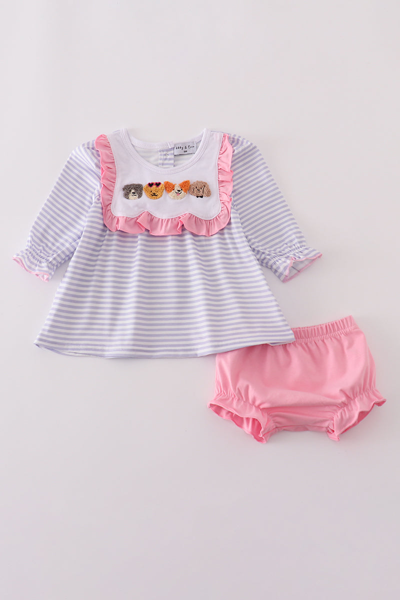 Purple puppy french knot stripe bloomer set