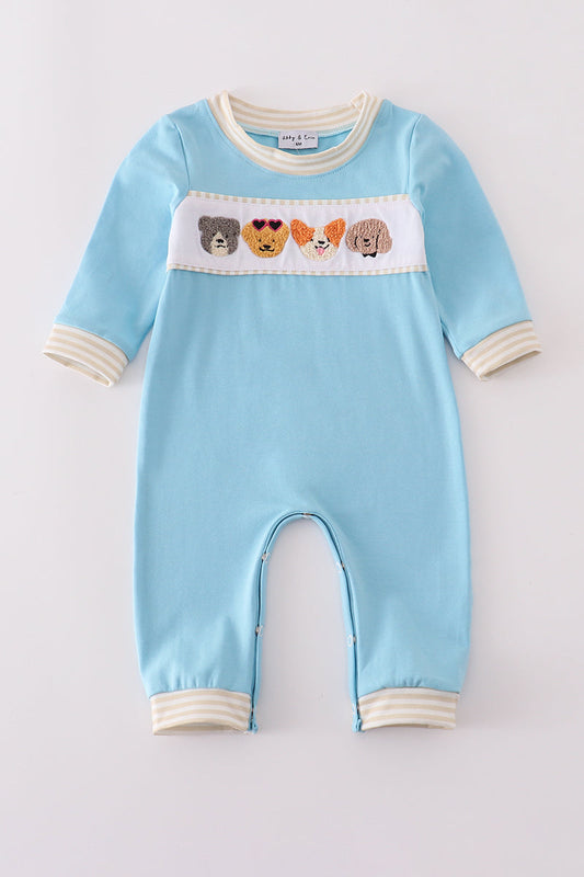 Blue puppy french knot romper