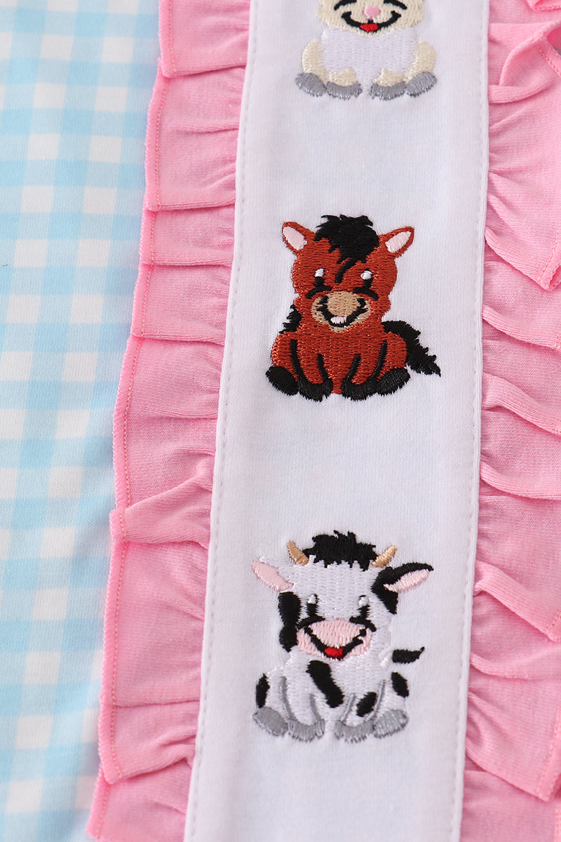 Blue farm embroidery gingham ruffle pants set