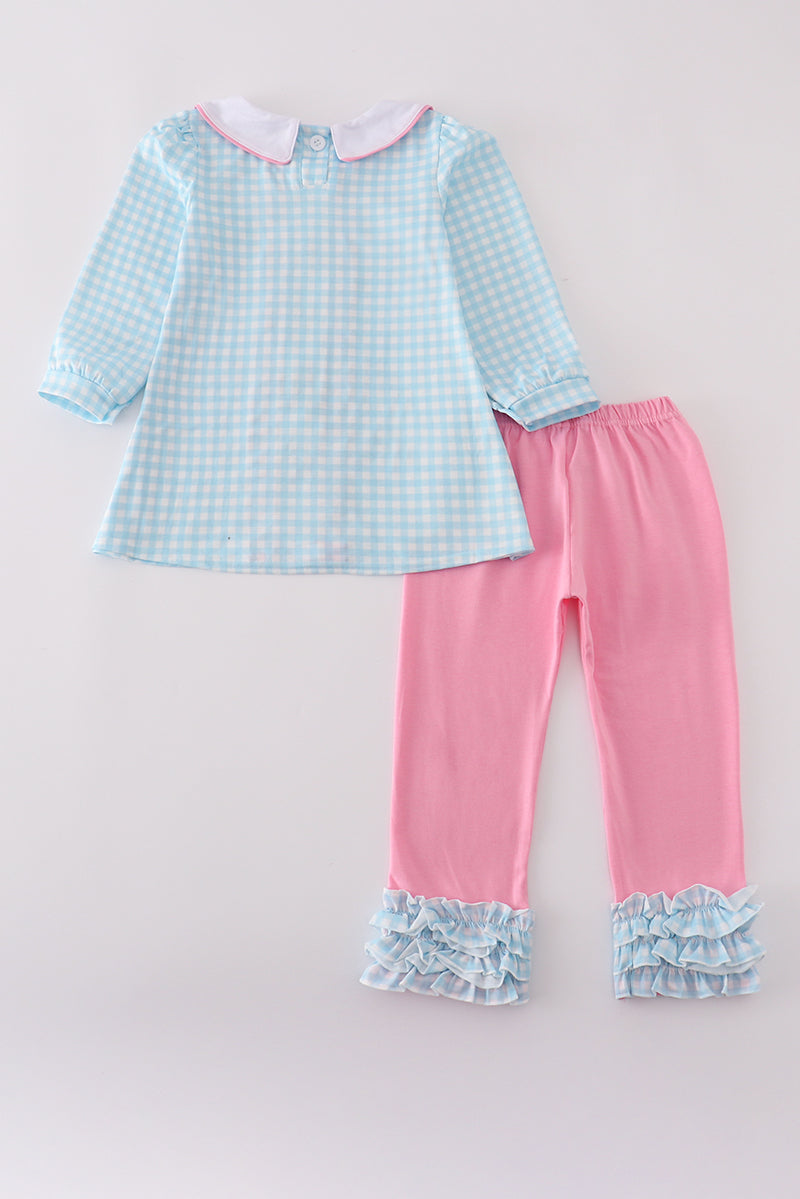 Blue farm embroidery gingham ruffle pants set