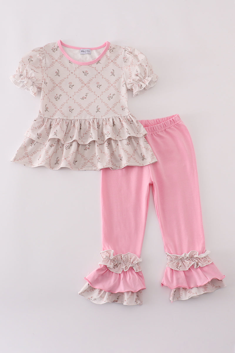 Pink floral print ruffle pants set