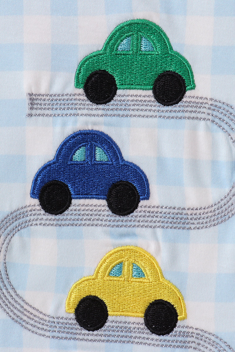 Blue car embroidery gingham pants set