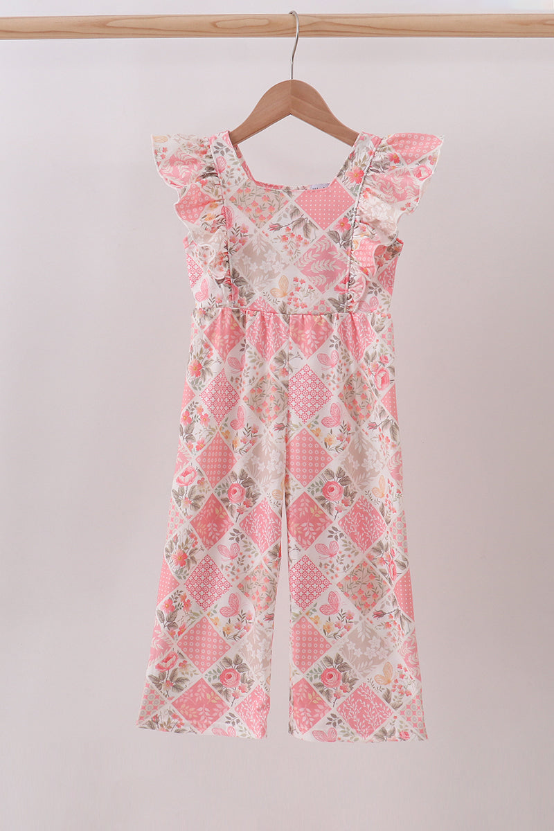 Pink floral checkered ruffle jumpsuit