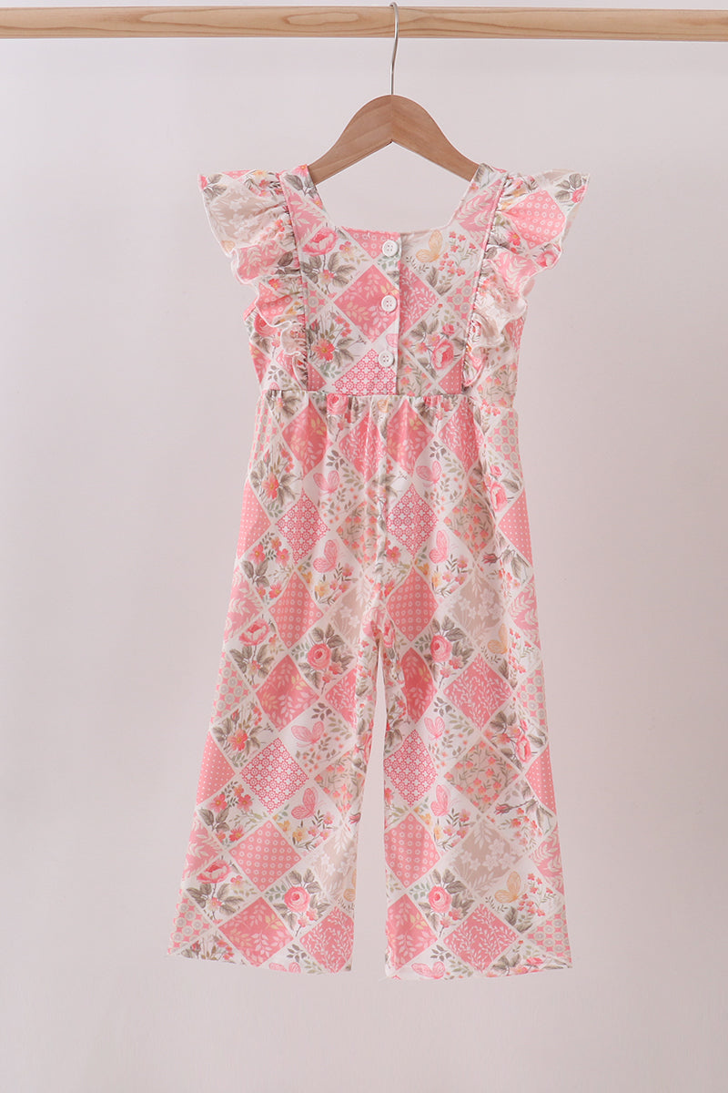 Pink floral checkered ruffle jumpsuit
