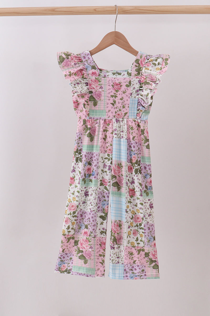 Purple floral checkered ruffle jumpsuit