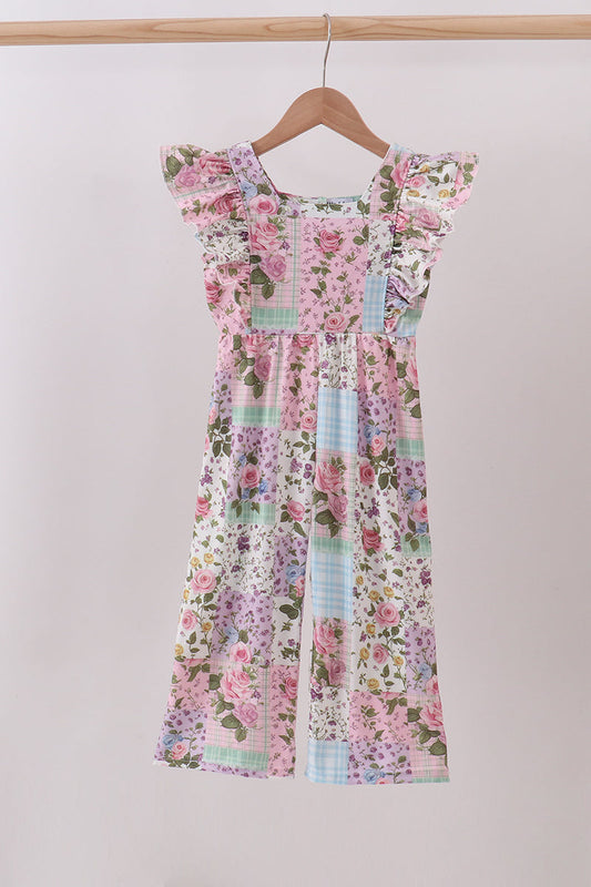 Purple floral checkered ruffle jumpsuit