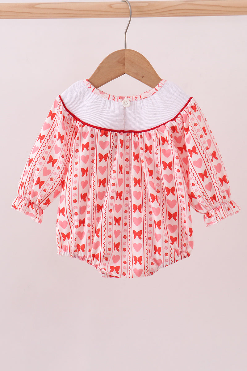 Red heart bow smocked bubble