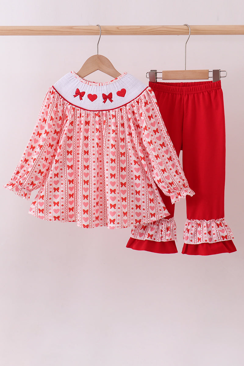 Red heart bow smocked ruffle pants set