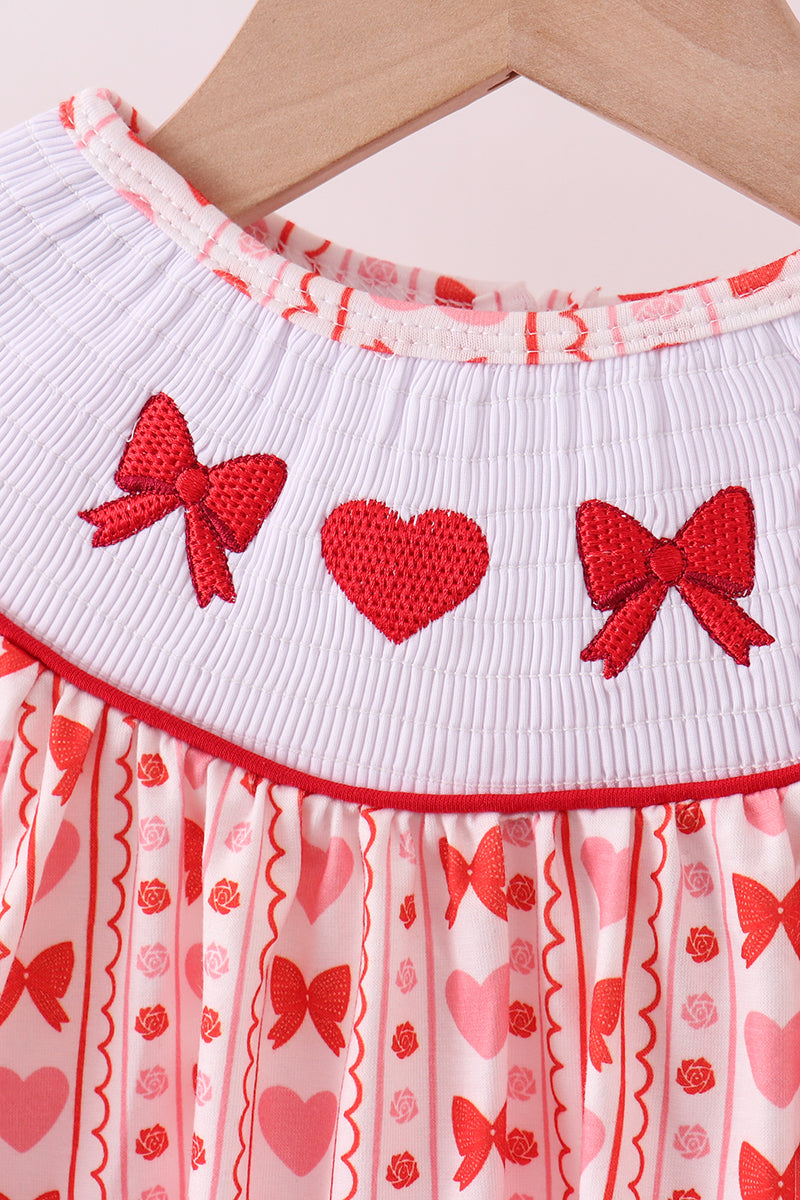 Red heart bow smocked ruffle pants set