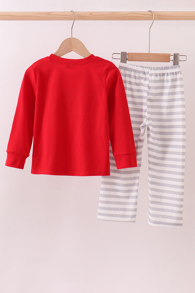 Red construction embroidery stripe pants set