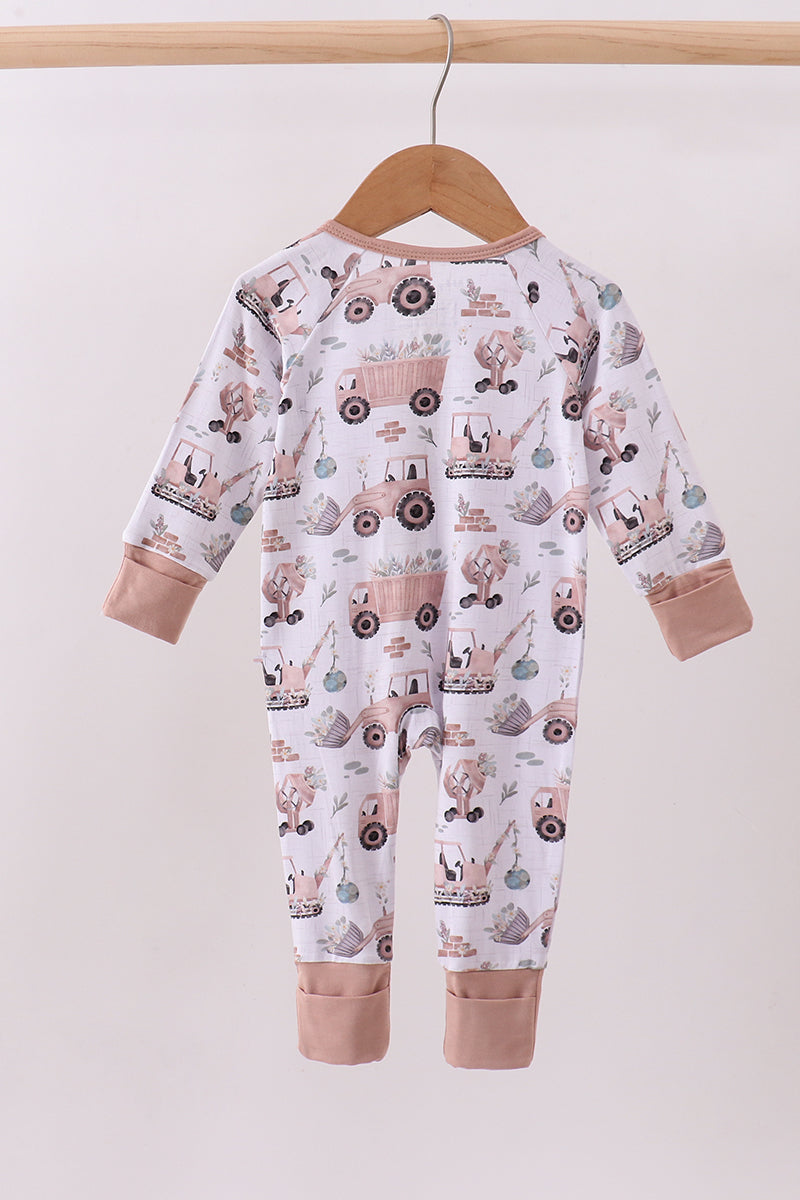 Khaki crane bamboo pajama zipper romper